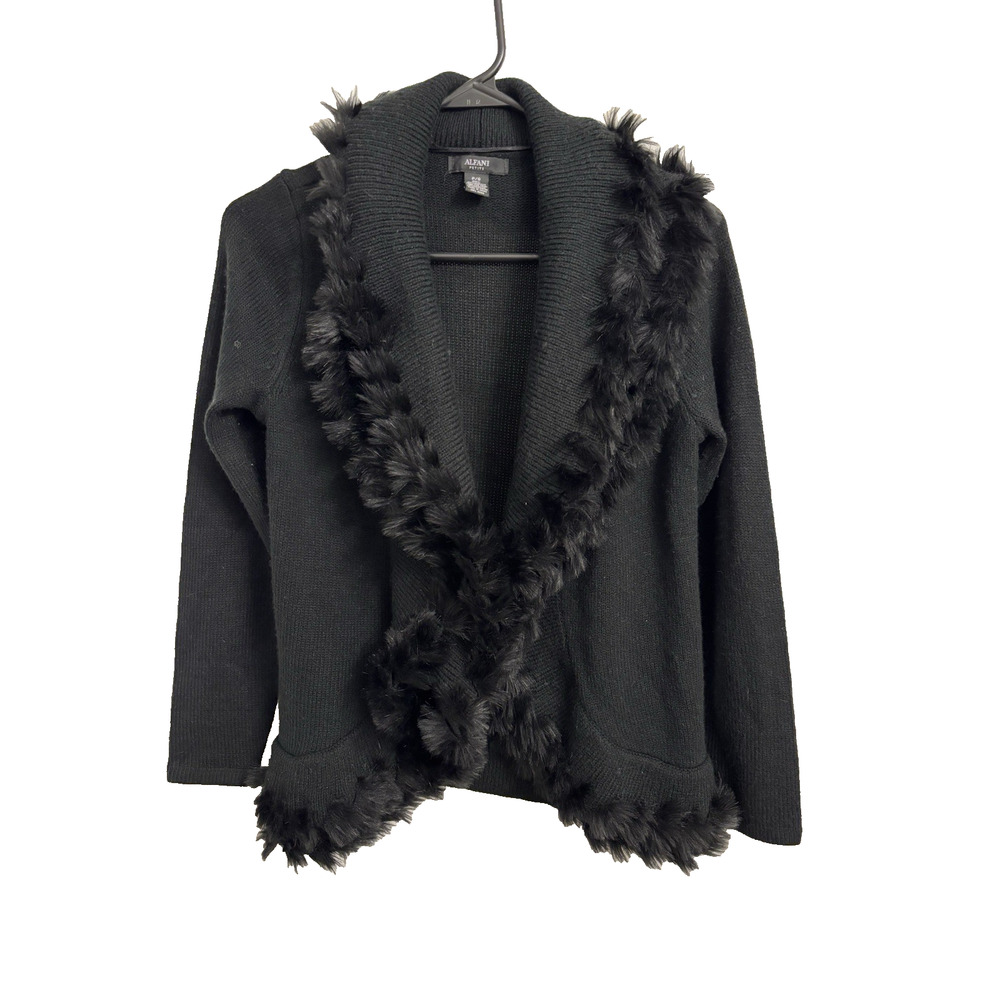 Alfani Petite Women's Sm Black Faux Fur Cardigan Sweater Occasion Glam Holiday